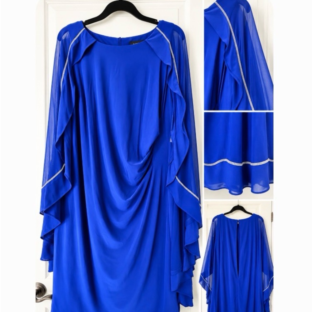 Flowing Cobalt Blue Long Sleeve Draped Evening Dress